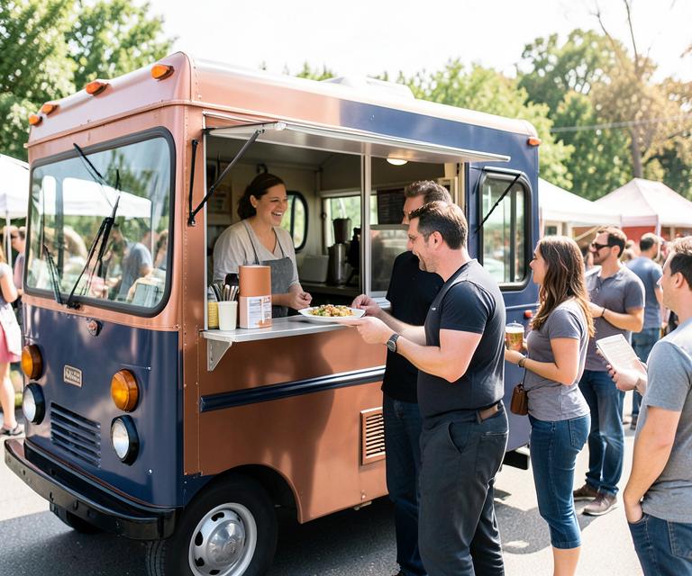 A food truck owner serving customers at a busy street festival