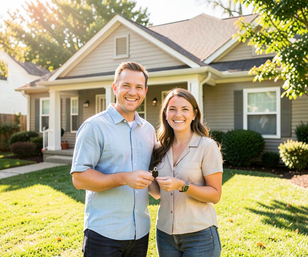Couple standing in front of their first single-family home